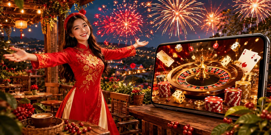 Người dùng tại Đà Lạt chơi casino trên di động với trang phục áo dài truyền thống Việt Nam